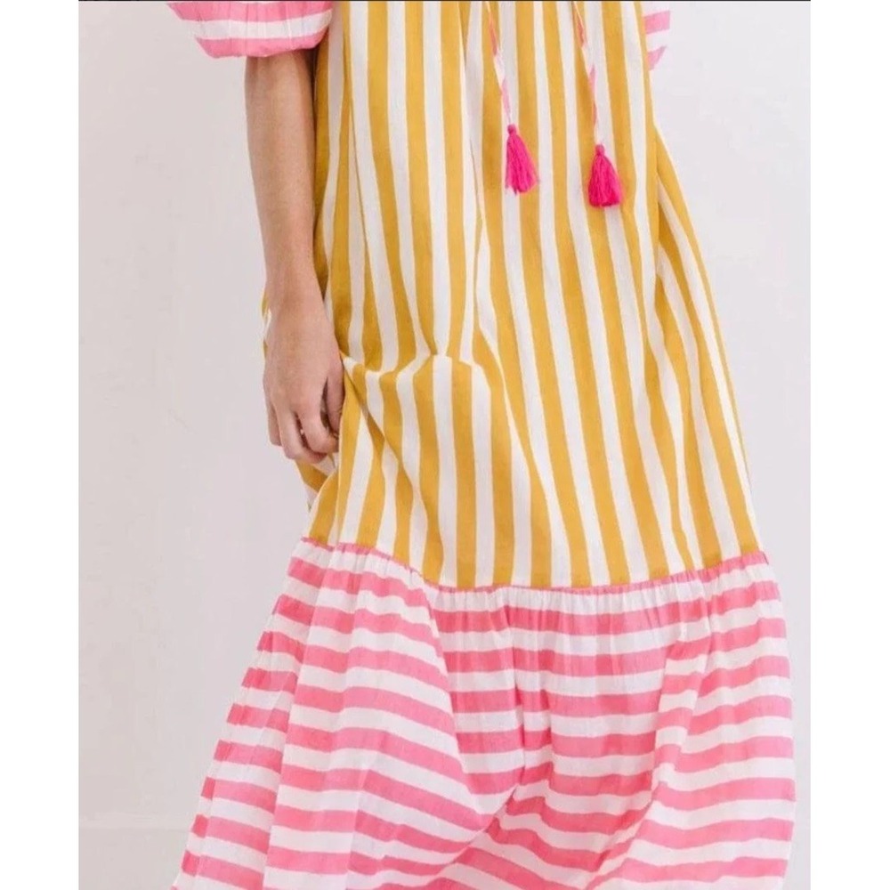 Sunshine Tienda Pink Yellow striped 3/4 Resort Tropical Beach S maxi dress - Picture 2 of 12